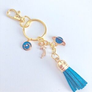 New Enamel Charms Dangling Keychain Teal Tassel Planet Stars Zipper Pull Clasp